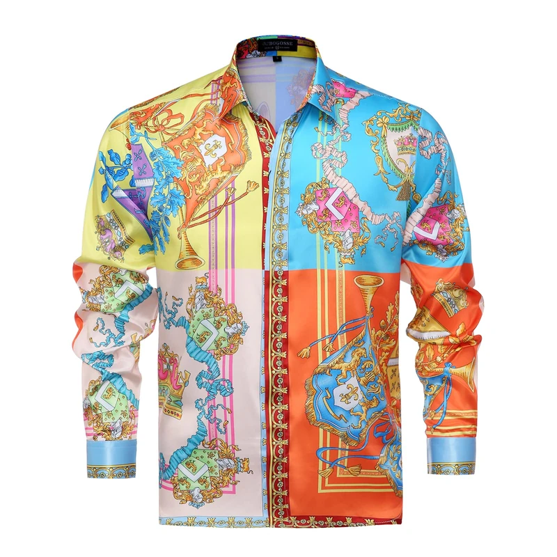 GSBOGOSSE Mens Luxury Brand Printed Silk Like Satin Button Down Dress Shirt for Party Prom Long Sleeve Slim Fit Floral Nightclub Shirt, Multicolored29, XXXXL