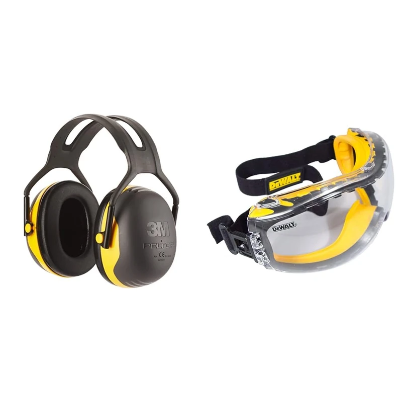 Peltor 3M X2AC1 X2 Earmuff; Ear Defender, Hearing Protection against noise levels & DEWALT GOGGLE Concealer Clear Goggle DPG82-11D