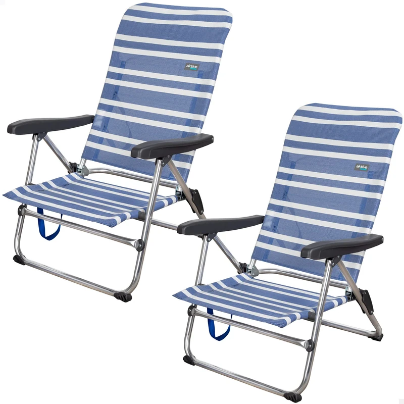 AKTIVE 62258 - Pack of 2 multiposition folding chairs for beach, garden, terrace or camping | Measures 61x50x85 cm and Height 26 cm | 5 positions, ergonomic armrests