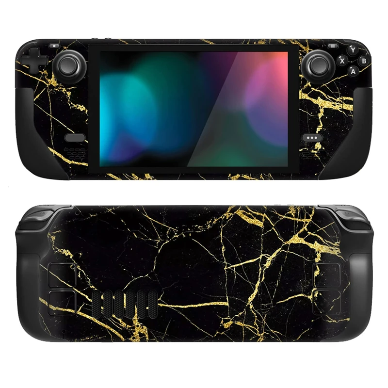 playvital Full Set Protective Skin Decal for Steam Deck LCD, Custom Stickers Vinyl Cover for Steam Deck OLED - Black & Gold Marble Effect
