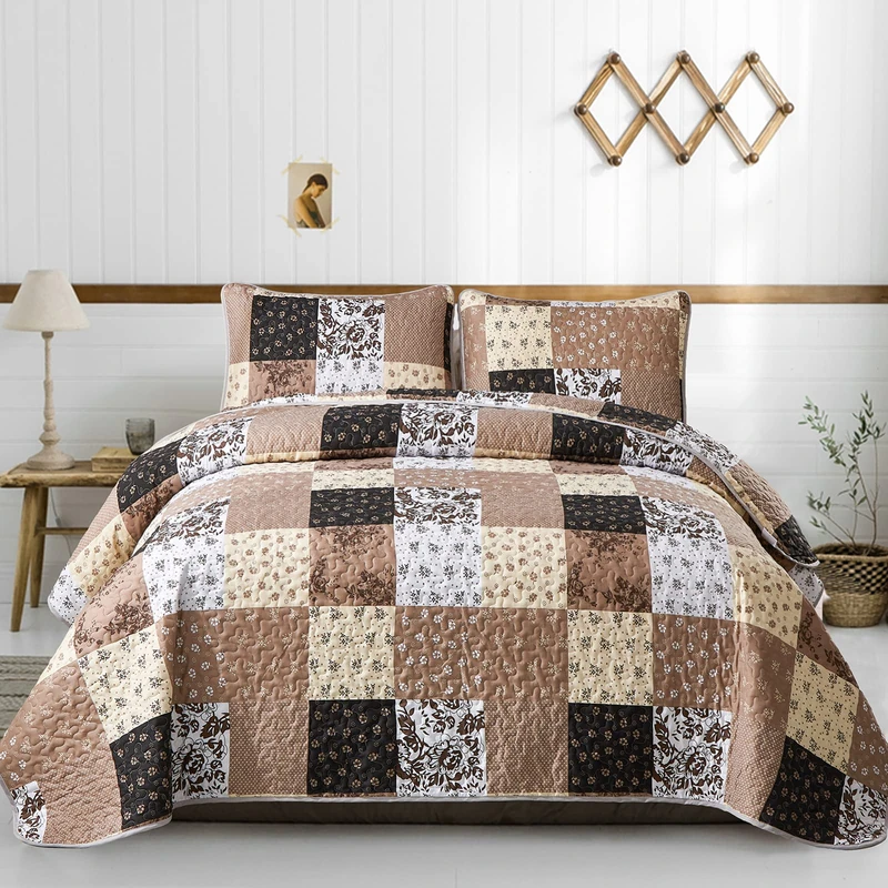Mybedsoul Patchwork Quilt Set Queen Size,3 Pieces Brown Floral Plaid Patchwork Reversible Bedspread Coverlet Set for All Season,Summer Soft Microfiber Bedding Set Queen 90"x96"