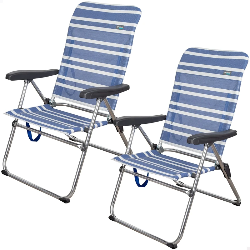 AKTIVE 62260 – Pack of 2 Lightweight Folding Chairs for Beach, Garden, Terrace or Camping, Measures 46.5 x 63 x 93 cm, 5 Positions, Robust and Durable, Includes Carry Handle