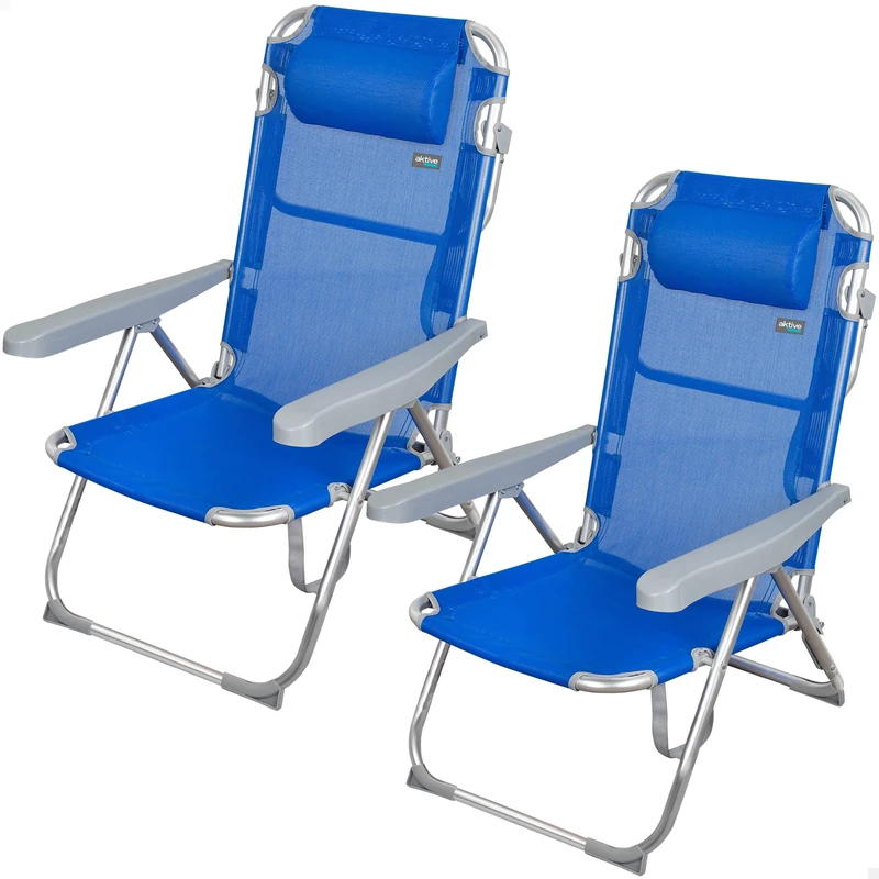 AKTIVE 62266 - Pack of 2 Recliner Chairs for Beach, Garden, Terrace or Camping | Measures 48x60x90 cm, Height 28 cm | Light, 5 Positions, Includes Carry Handle