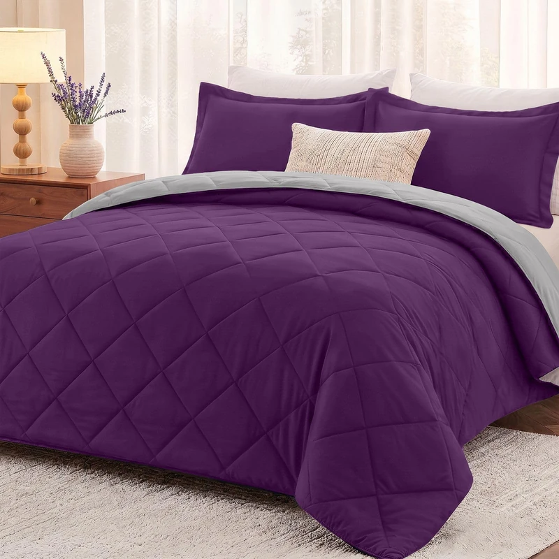 downluxe King Size Comforter Set - Purple and Grey King Comforter, Soft Bedding Sets for All Seasons -3 Pieces - 1 Comforter (104"x92") and 2 Pillow Shams(20"x36")