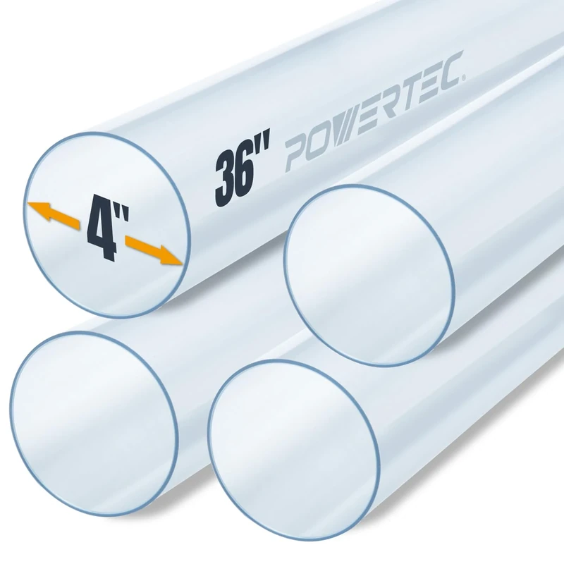 POWERTEC Clear PVC Pipe 4" x 36" Long, 4PK Rigid Plastic Tubing, Round Tube Compatible w/Dust Collection Fittings, Hose for Woodworking Tool, Dust Collection System, Toy Cars & Bird Feeder (70272-P4)