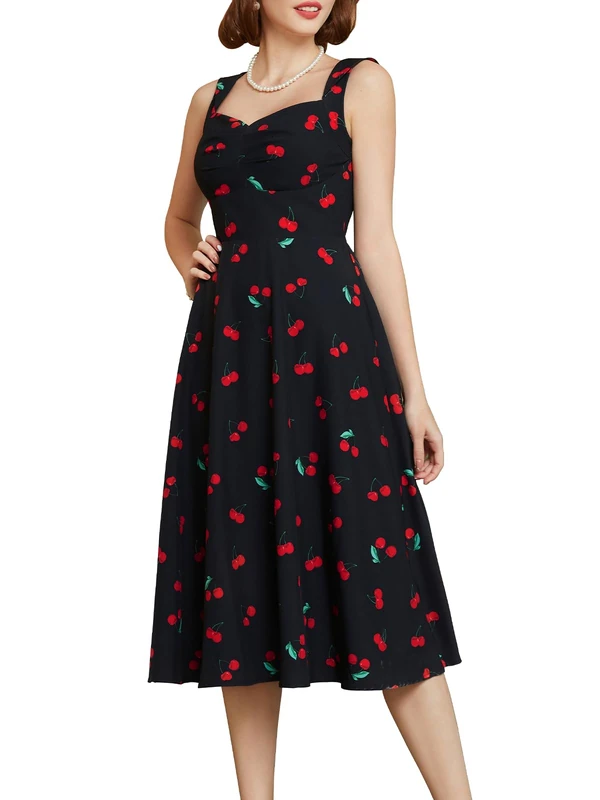 Belle Poque Women's Vintage Sleeveless Solid Floral Ruched Summer A-Line Flowy Swing Midi Beach Dress, Black Cherry, X-Large