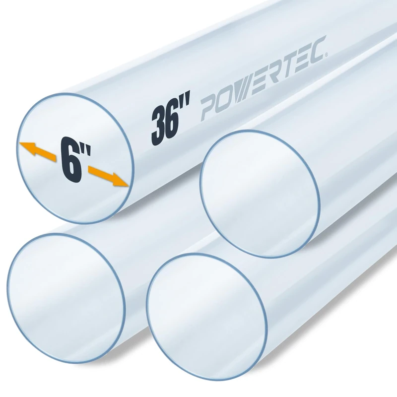 POWERTEC 70274-P4 Clear Pipe, 6 x 36-Inch Long, Rigid Plastic Tubing, 4 PK