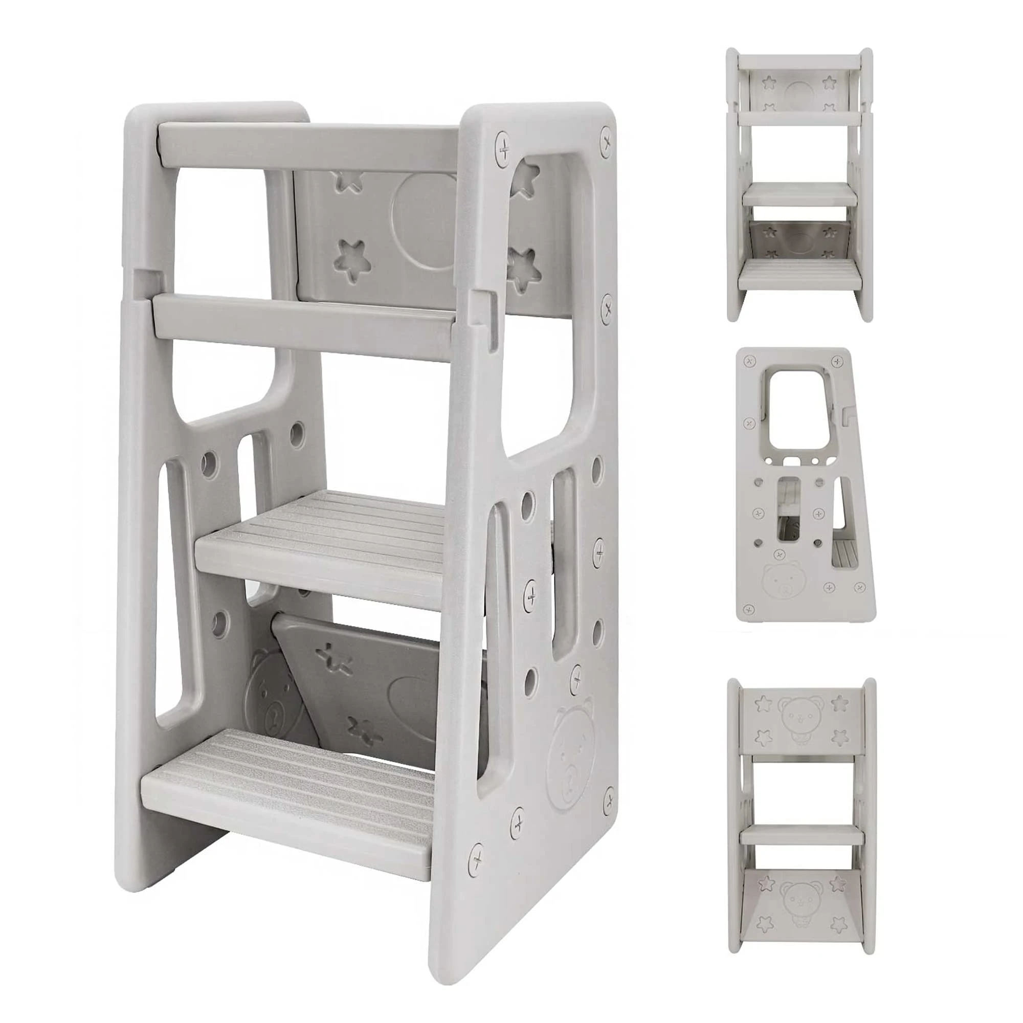 Kitchen Kids Step Stool with Adjustable Height Standing Platform and Safety Rail, Standing Stool for Toddlers Children Kitchen Counter Learning with 3 Adjustable Heights Grey