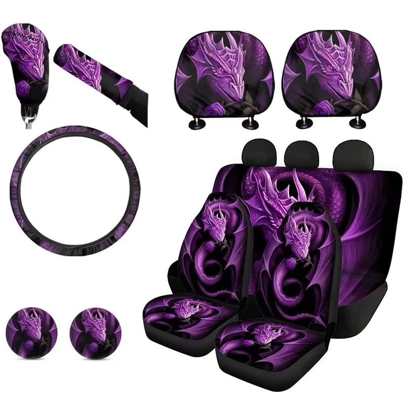 KEIAHUAN Purple Dragon Car Seat Cover Set with Car Headrest Covers for Women Steering Wheel Cover Cup Coaster Handbrake Cover + Gear Shift Knob Cover for SUV Truck Vans Sedans