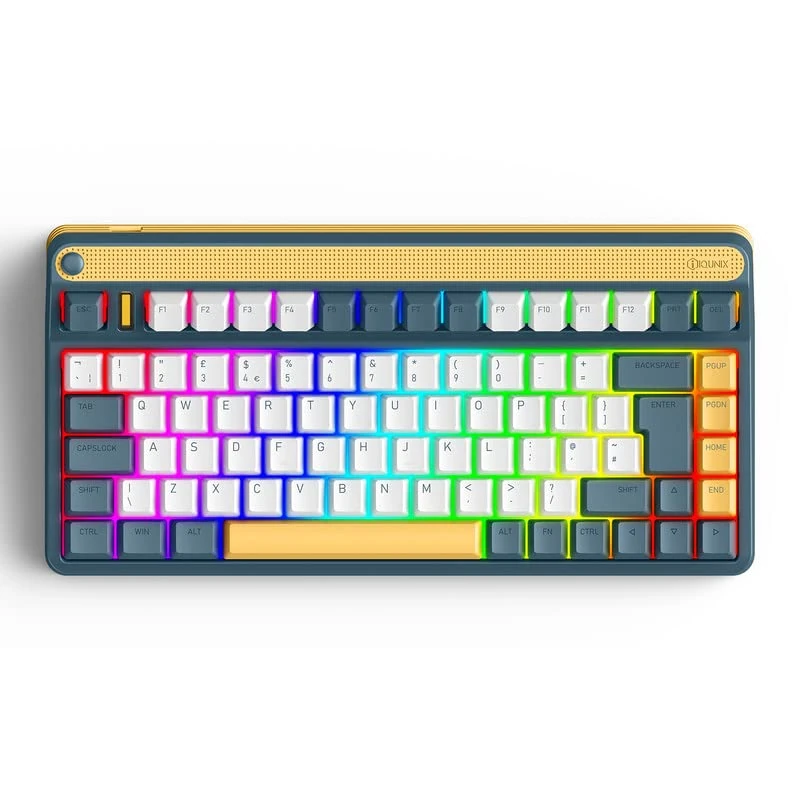 iQunix A80 EXPLORER Mechanical Keyboard(UK LAYOUT), TKL Wireless 2.4GHz/Bluetooth 5.0/Wired Type-C Gaming Keyboard with 84 Keys RGB Backlit, Tilted F-Row PBT Keycaps Hot-Swappable Cherry MX Blues