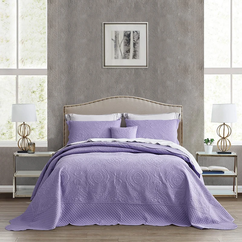 HZ & HY Oversized Alaskan King Bedspread 138x122, Damask, Purple Lavender