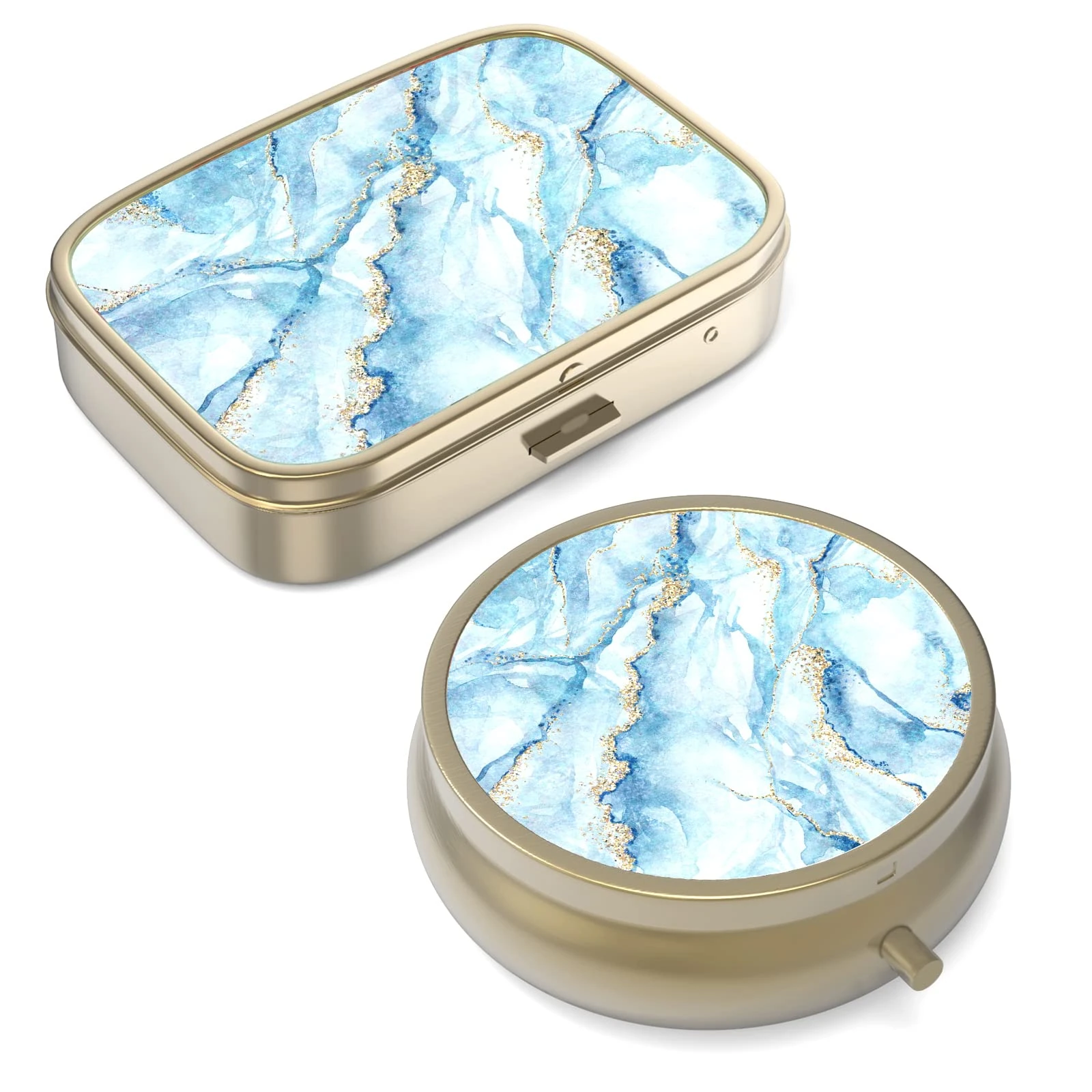 Pill Case Pill Box with Mirror Retro Small Pill Case for Purse or Pocket Bronze Pill Box or Vitamins, Fish Oil, Supplements, Pill Containe Travel Gifts（2PCS）
