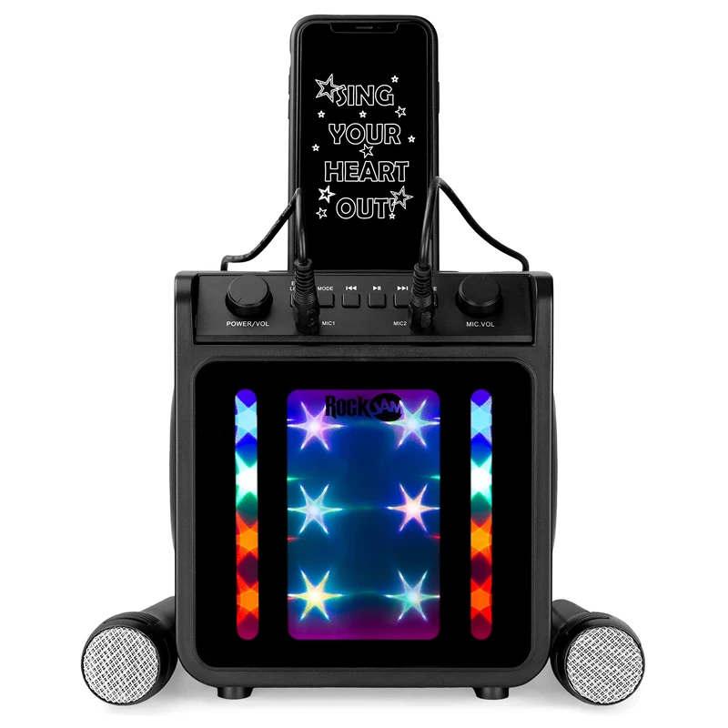 RockJam 10-Watt Rechargeable Bluetooth Karaoke Machine with Two Mics, Lightshow & Voice Effects