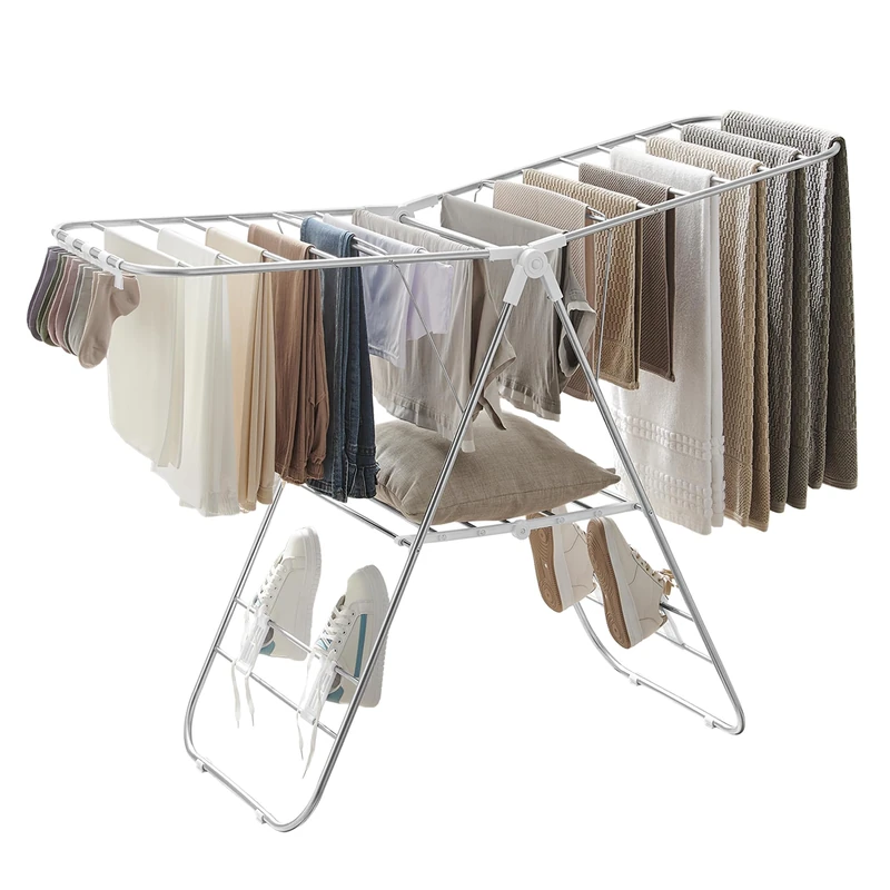 SONGMICS Clothes Airer, Foldable Clothes Drying Rack, Clothes Horse with Height-Adjustable Wings, Free-Standing Laundry Drying Rack, Indoor and Outdoor Use, Stainless Steel, White and Silver LLR502W01