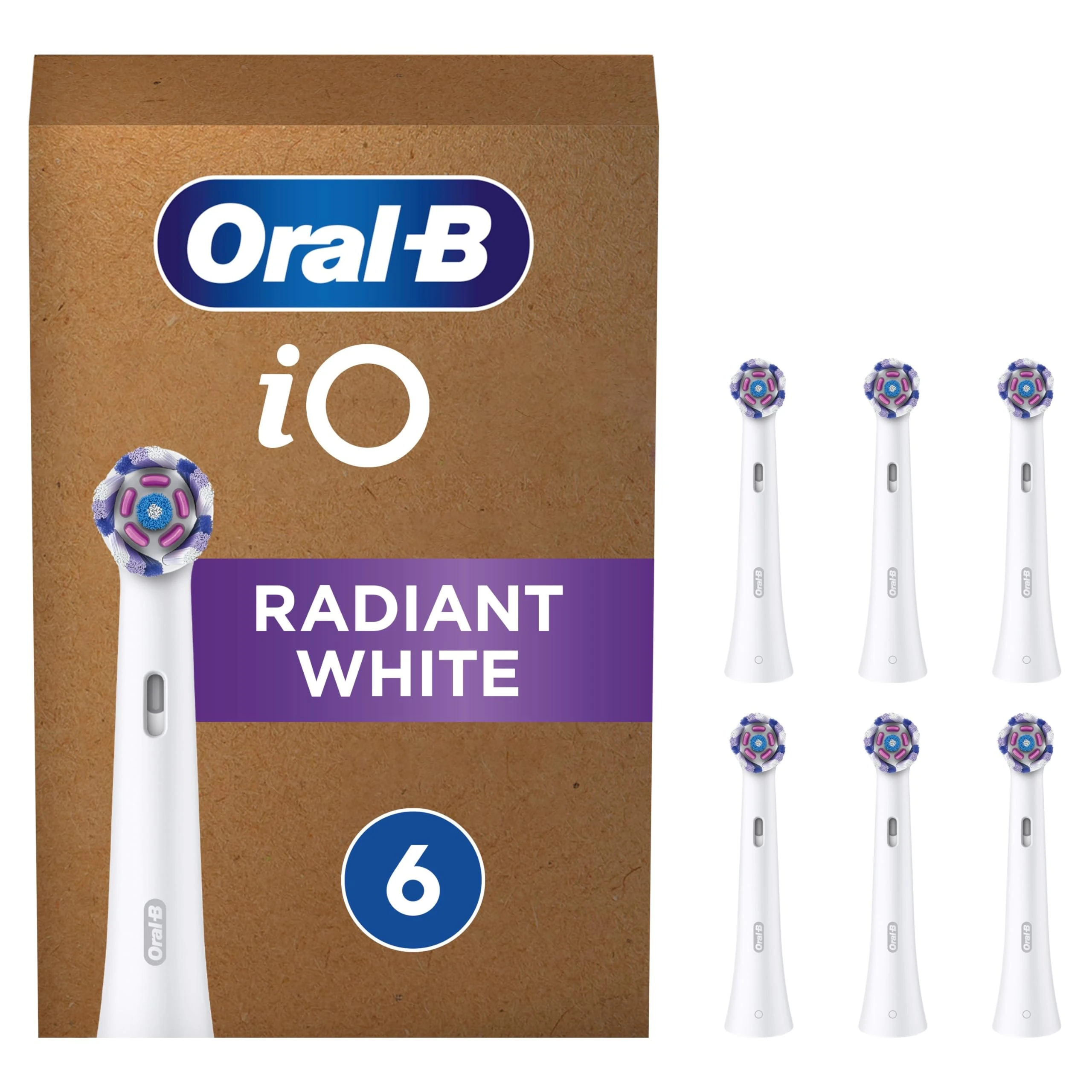 Oral-B iO Radiant White Original Electric Toothbrush Head, Angled Bristles Deeper Plaque Removal, with Polishing Petals for Teeth Whitening, Pack of 6 Toothbrush Heads, White