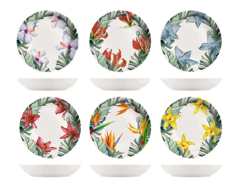 H&H Exotic-Set of 6 New Bone China Soup Plates, Assorted Embossed Decorations, 21 cm, Multi-Colour