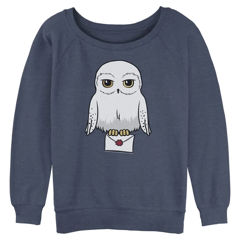 Harry Potter Women's Deathly Hallows Anime Hedwig Mail Junior's Raglan Pullover with Coverstitch, Blue Heather, XXL