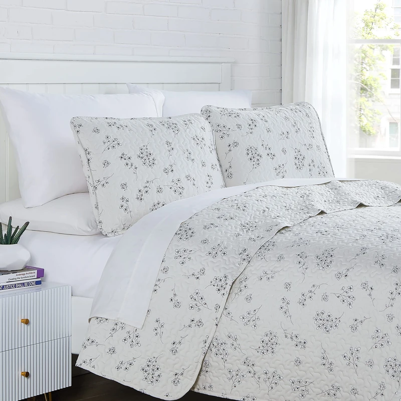 Southshore Fine Living, Inc. Oversized Coverlet Set, Sweet Flowers Print Quilted Bedspread Queen Size/Full Size, 3-Piece Floral Bedding Set and Matching Shams, All Season Microfiber Fabric, Grey