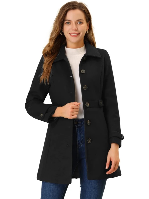 Allegra K Women's Winter Classic Outwear Overcoat with Pockets Single Breasted Pea Coat, Black, L
