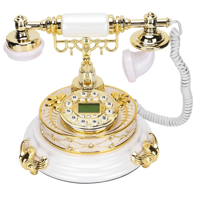 Jenngaoo Vintage Telephone, MS‑811 Classic European Landline Telephone Digital Retro Antique Telephone with Electronic Calendar for Home Office Cafe Bar Decoration (White + Gold)