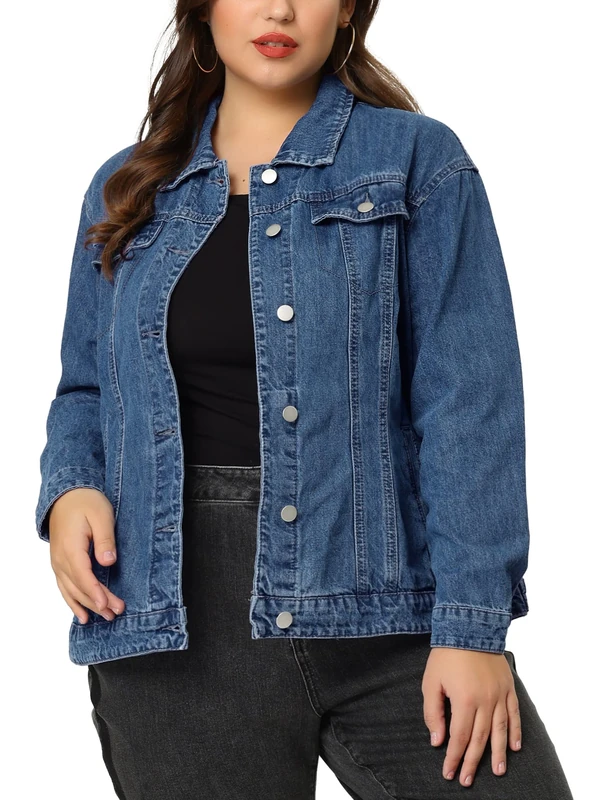 Uxcell Women's Plus Size Jean Jacket Stitching Button Front Washed Western Outfit Denim Jacket, Denim Blue, L Plus