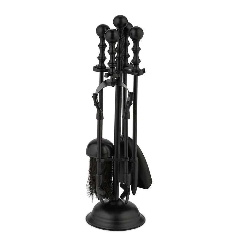 Relaxdays Fireplace Tools 5-piece Set, Poker, Ash Shovel, Broom, Tongs & Stand, Chimney Accessories, 41 x 11.5 cm, Black