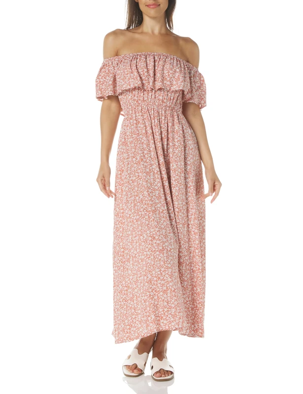 Coolmee Maternity Dress Women's Off Shoulder Split Long A Line Dress Casual Maxi Dress Photography Dress, Pinkflower, Medium - Image 1
