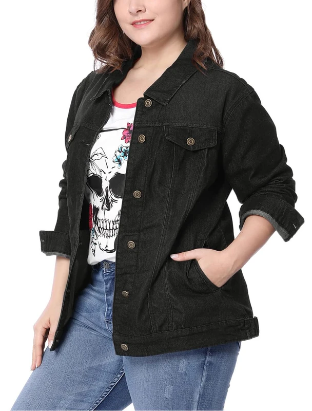 Uxcell Womens Plus Size Denim Jacket Stitching Button Down Washed Western Outfit Denim Jacket Black L Plus Size, black, L Große Größen