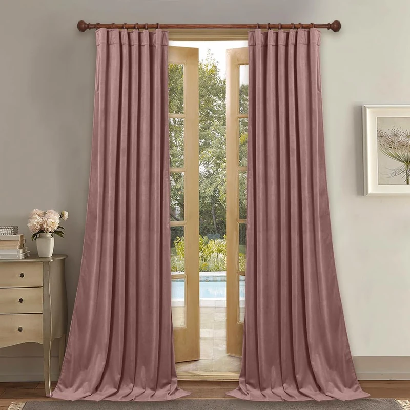 StangH, Dusky Pink Velvet Curtains 90 Inch Long Living Room with Back Loops Opaque Sliding Door Bedroom Nursery or Girls Room Decor 52 x 90 Inch 2 Panels