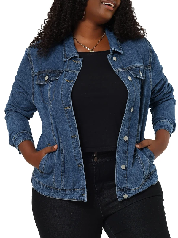 Uxcell Women's Plus Size Jean Jacket Stitching Button Front Washed Western Outfit Denim Jacket, Snow Blue, L Plus