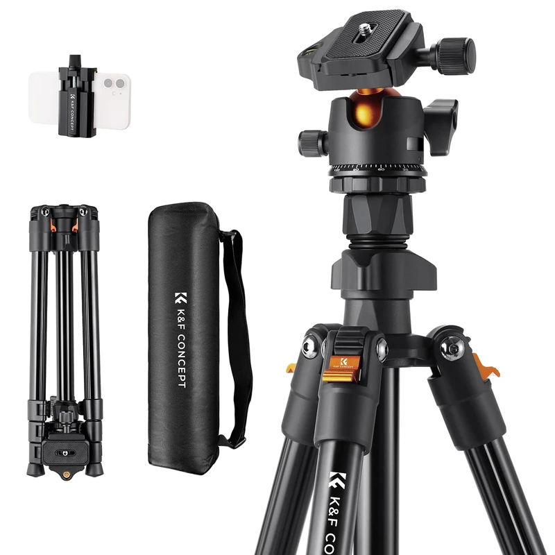K&F CONCEPT 64inch/163cm Camera Tripod, Lightweight Aluminum Travel Outdoor Tripod with Ball Head Load Capacity 8kg, Phone Holder, for DSLR Cameras O2341A1+BH-36