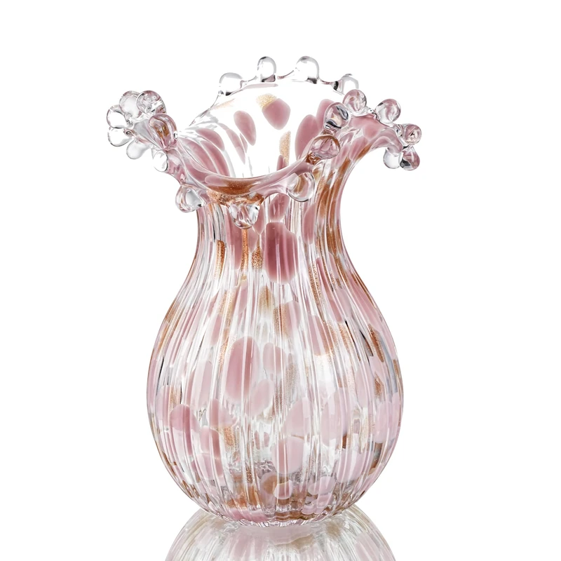 QFkris Handblown Glass Vase, Modern Art Flower Vase with Pink Petal Decorative, 8.7 inch Tall for Living Room Dining Tabletop Centerpiece Statement Office Decoration