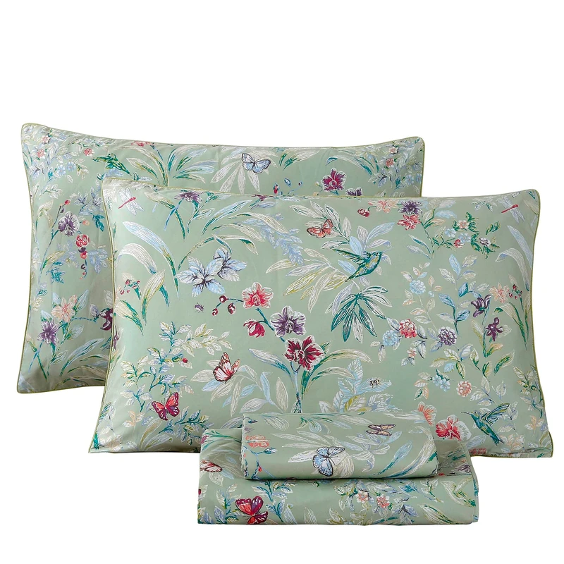 RYNGHIPY Shabby Flowers Print Bed Sheet Collections Egyptian Cotton Garden Floral Sheets (Green Floral,King Size)