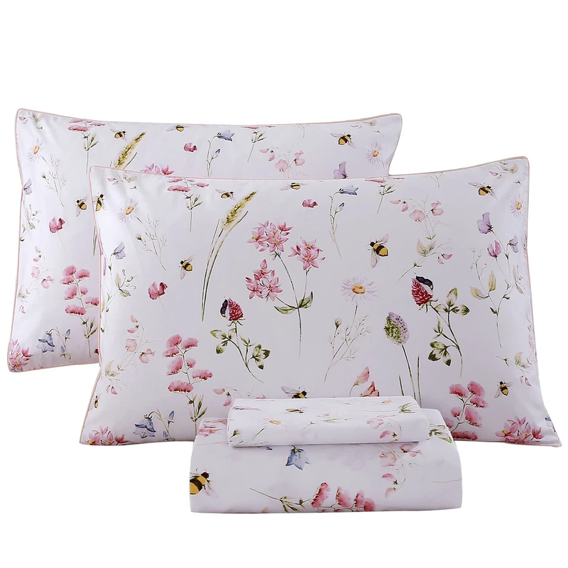 RYNGHIPY Shabby Floral Bees Print Bedding Sheets with Pillowcases, Breathable Egyptian Cotton Bed Sheet Set (Bee,Full Size)
