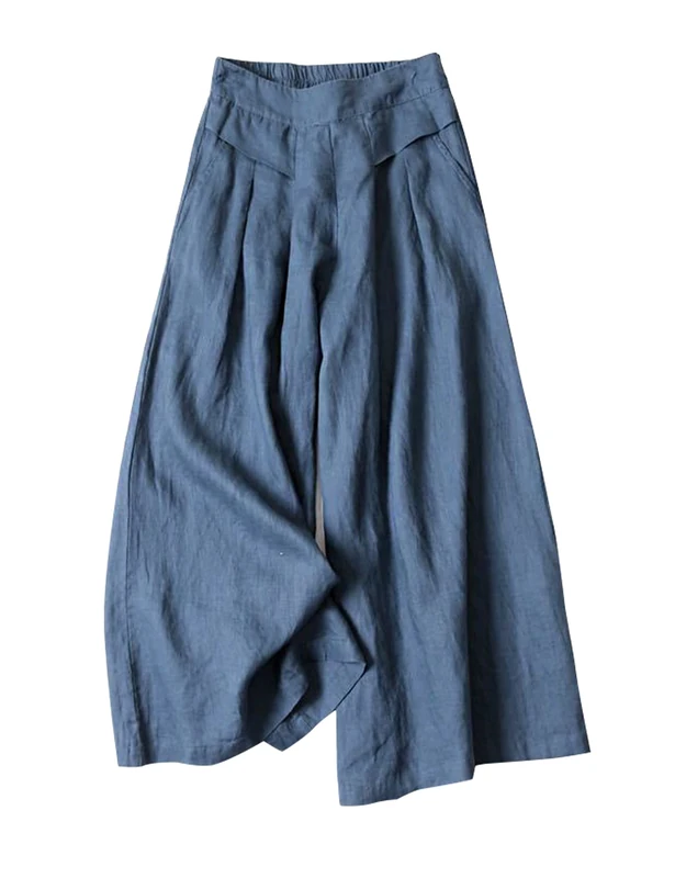 Gihuo Women' s Culottes Linen Blend Wide Leg Pants Elastic Waist Casual Palazzo Trousers with Pockets Capris, Darkblue, XL