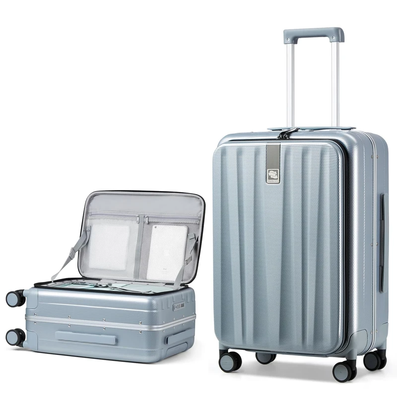 Hanke Hard Shell Suitcase 4 Wheel Front Opening Checked Luggage 24 Inch Medium Size Hand Luggage with TSA Locks Lightweight Travel Suitcase, Grey
