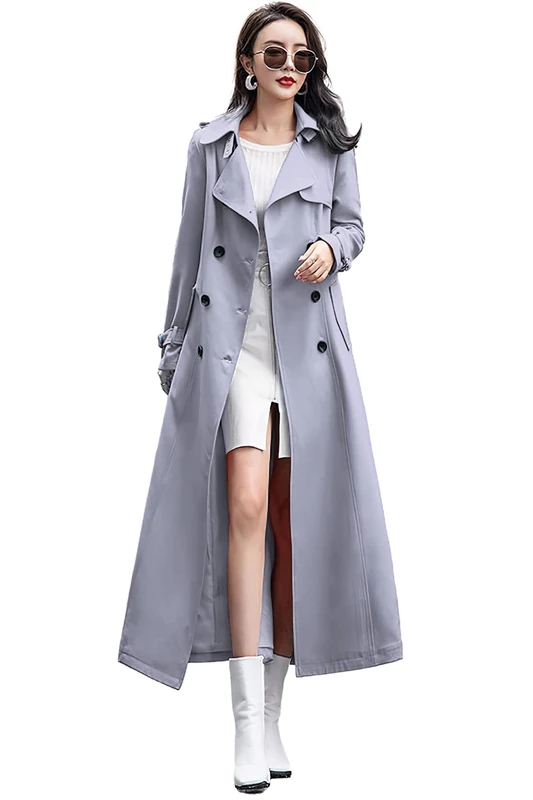 ebossy Women's Double Breasted Duster Trench Coat Slim Full Length Maxi Long Overcoat, Grey, XS