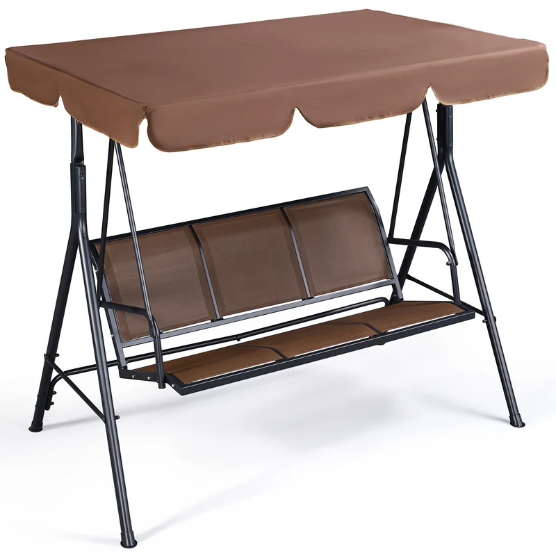 Yaheetech Porch Swing Chair 3-Seat Outdoor Patio Sunset Hanging Swing w/Texteline Fabric & Adjustable Canopy & Armrests, Canopy Lounge Chair for Backyard/Garden/Balcony, Dark Brown - Image 1