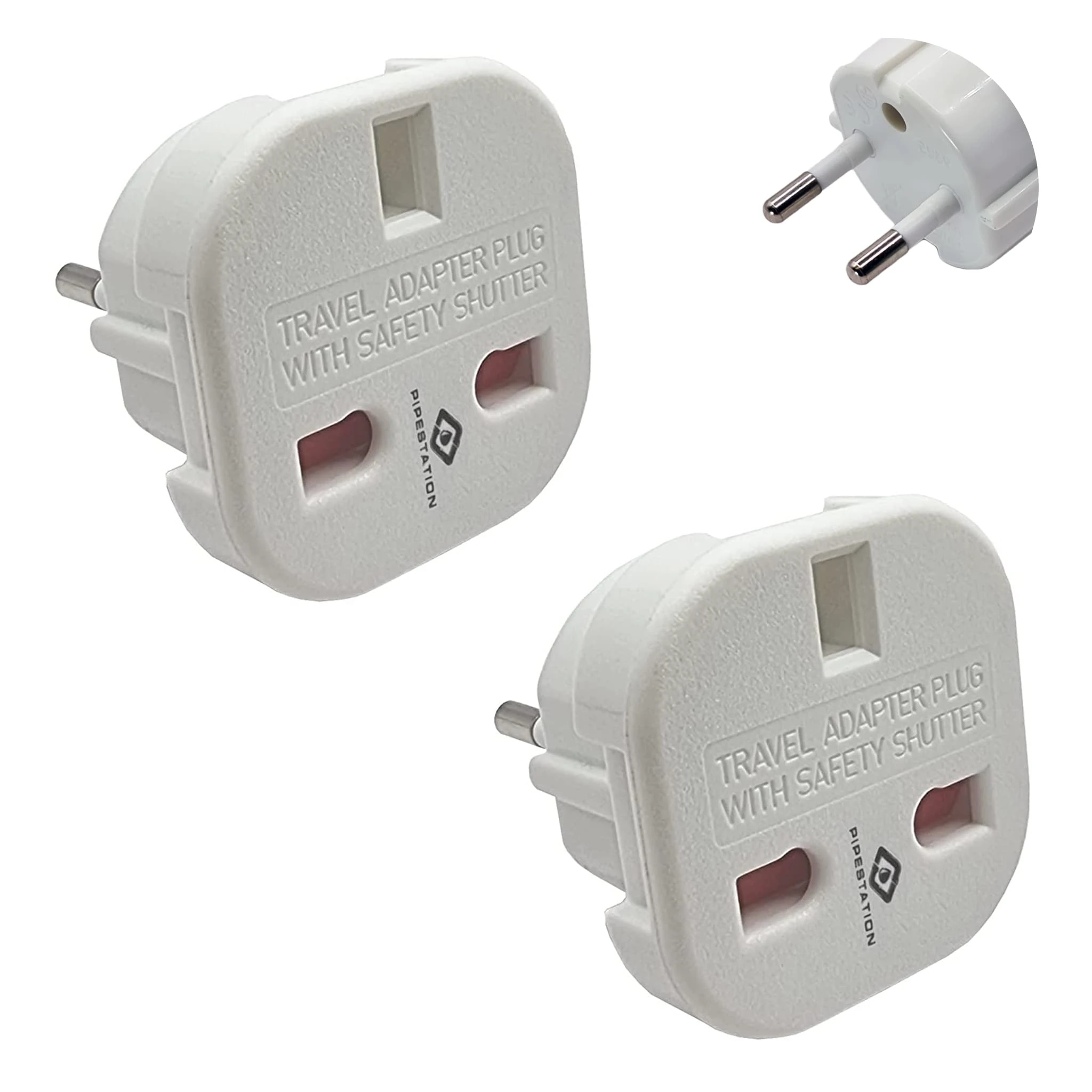 Pipestation 2 Pack - Universal Adapter Plug UK to Europe Type C, E, F - Travel Adapter EU to UK