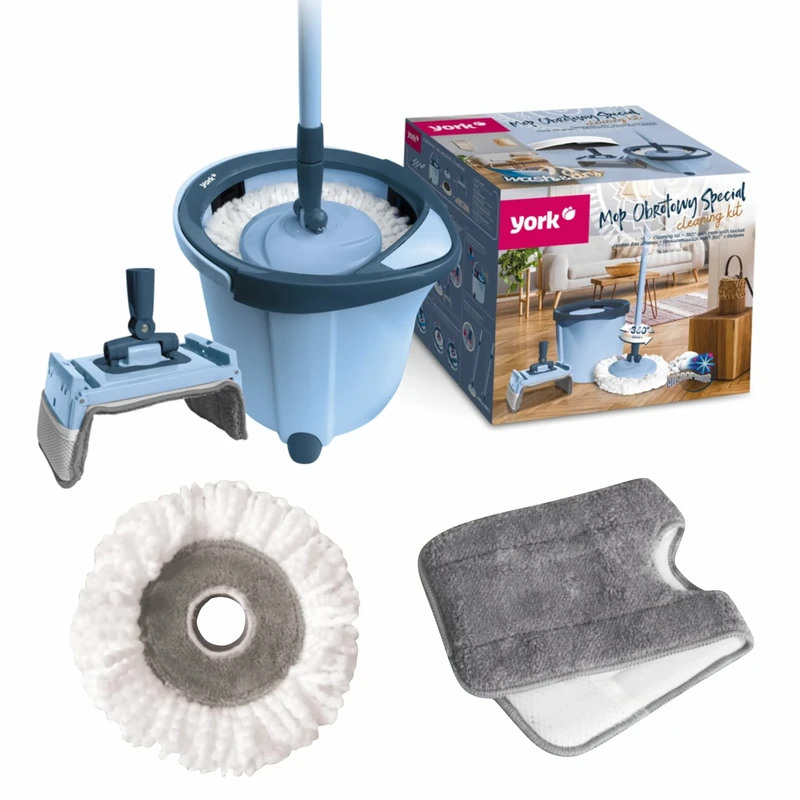 York Mop Set with Bucket with Replacement Mop Heads with Wring Function Flat Floor Mop System Cleaning Set Telescopic Handle Special Blue