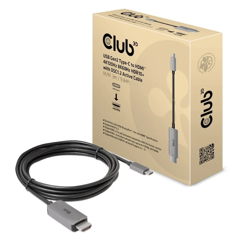 Club 3D USB Gen2 Type-C to HDMI™ 4K120Hz/8K60Hz HDR10, DSC1.2 Active Cable Male/Male 3 m