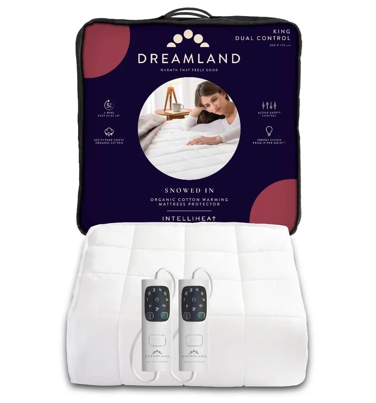 Dreamland Electric Mattress Protector King Size – Snowed In Organic Cotton, Fitted Sheet style, Fast Heat-Up, Timer with 6 Heat Settings, 2 x Detachable Controllers, Machine Washable, 200 x 150cm