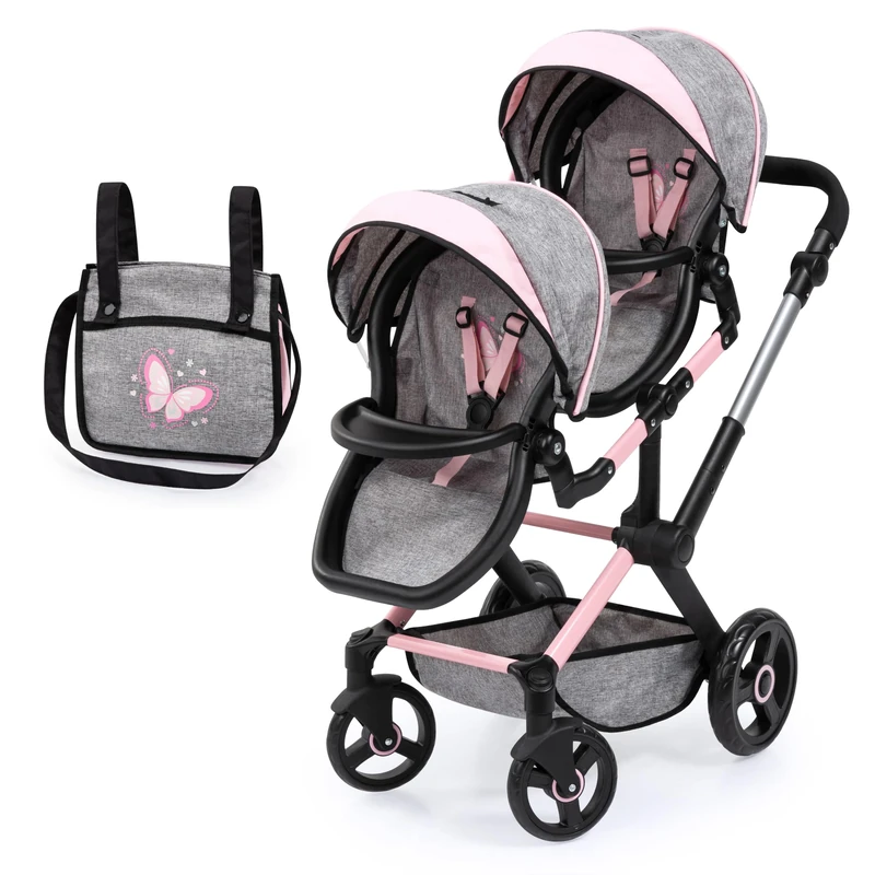 Bayer Design 26733AA Double Dolls Pram - Grey-Pink Butterfly