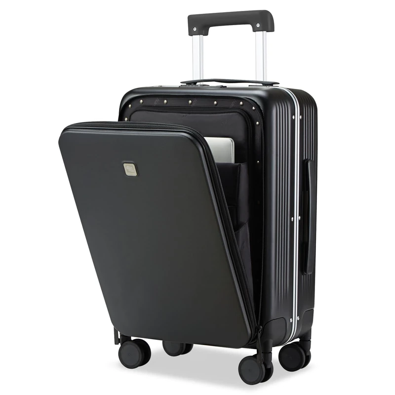 Hanke Upgrade Carry On Luggage Cabin Suitcase, 20'' Suitcase with Front Laptop Pocket, TSA Suitcase Locks Travel Rolling Luggage Aluminum Frame PC Hardside with Spinner Wheels(JetBlack) - Image 1