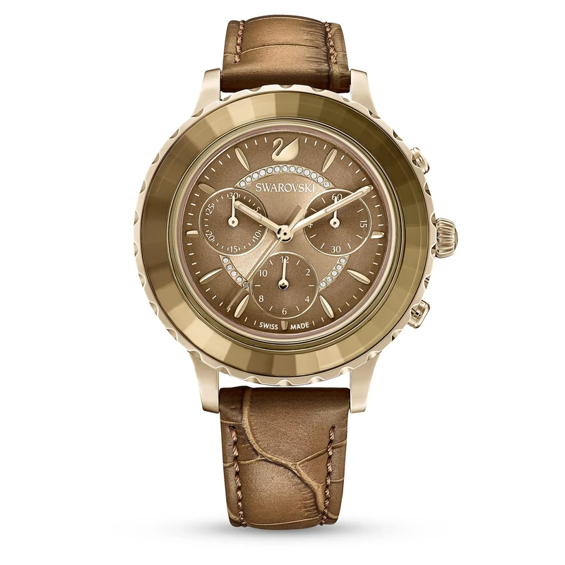 Swarovski Lux Chronograph Watch, Brown Leather Strap, Gold Tone Sunray Dial and Crystal Details, from The Octea Collection