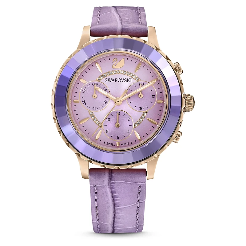 Swarovski Lux Chronograph Watch, Purple Leather Strap, Purple Sunray Dial and Crystal Details, from The Octea Collection