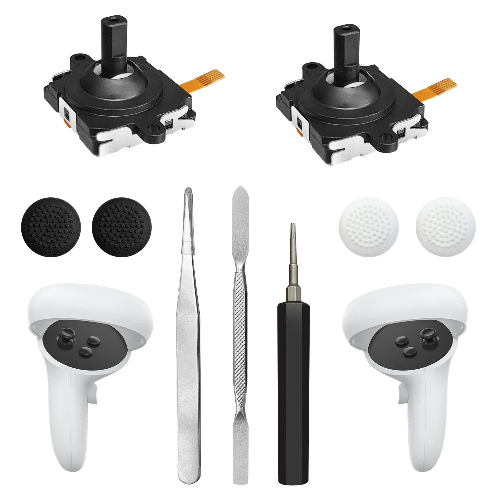 Joystick Replacement Kit for Oculus Quest 2 Controller, Repair Kit for Meta Quest 2 Controller, Include 2 Joysticks, T5 Screwdriver, Tweezer, Pry Tool, 4 Thumbstick Grips (Black-11-in one)