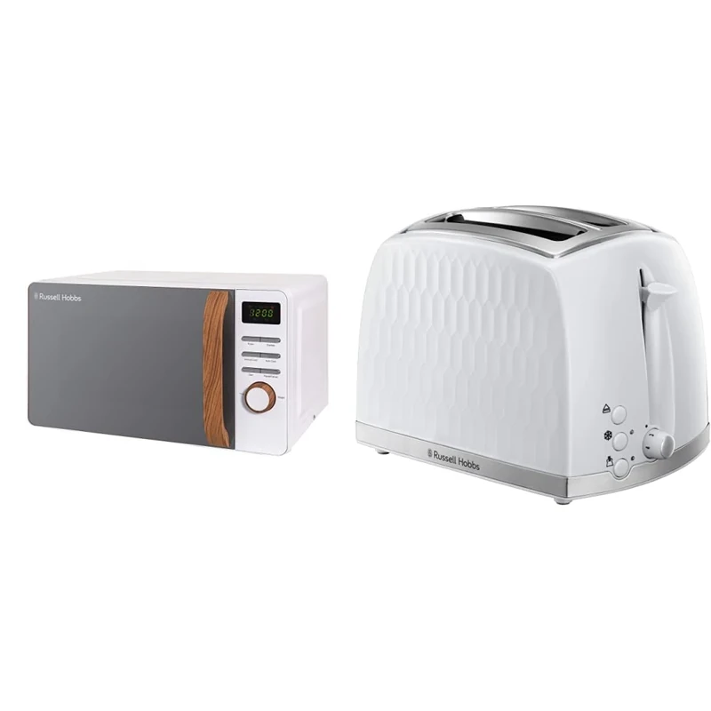 Russell Hobbs RHMD714 17 L 700 W Scandi White Digital Microwave with 5 Power Levels & 26060 2 Slice Toaster - Contemporary Honeycomb Design with Extra Wide Slots and High Lift Feature, White