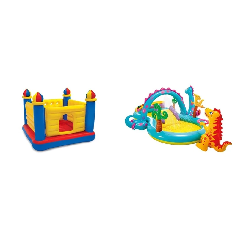 Jump-o-lene Castle Bouncer & Dinoland Play Center Inflatable Water Play Center, Assorted Model (with and without volcano), Multicoloured, 333x229x112 cm, 280 Litres