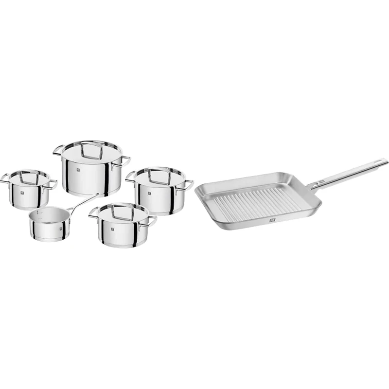 Zwilling 5-Piece Pot-Set, with 4 Lids, Suitable for Induction, Stainless Steel, Passion & ZWILLING 40996-024-0 Plus, Square Grill Pan, Cast Iron